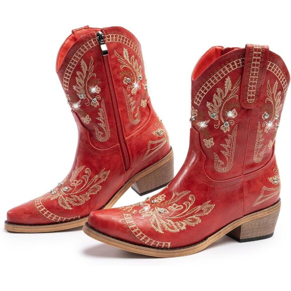 Women Red Cowgirl with Sparkly Embroidered Rhinestones Short Western Ankle Boots - Picture 1 of 7